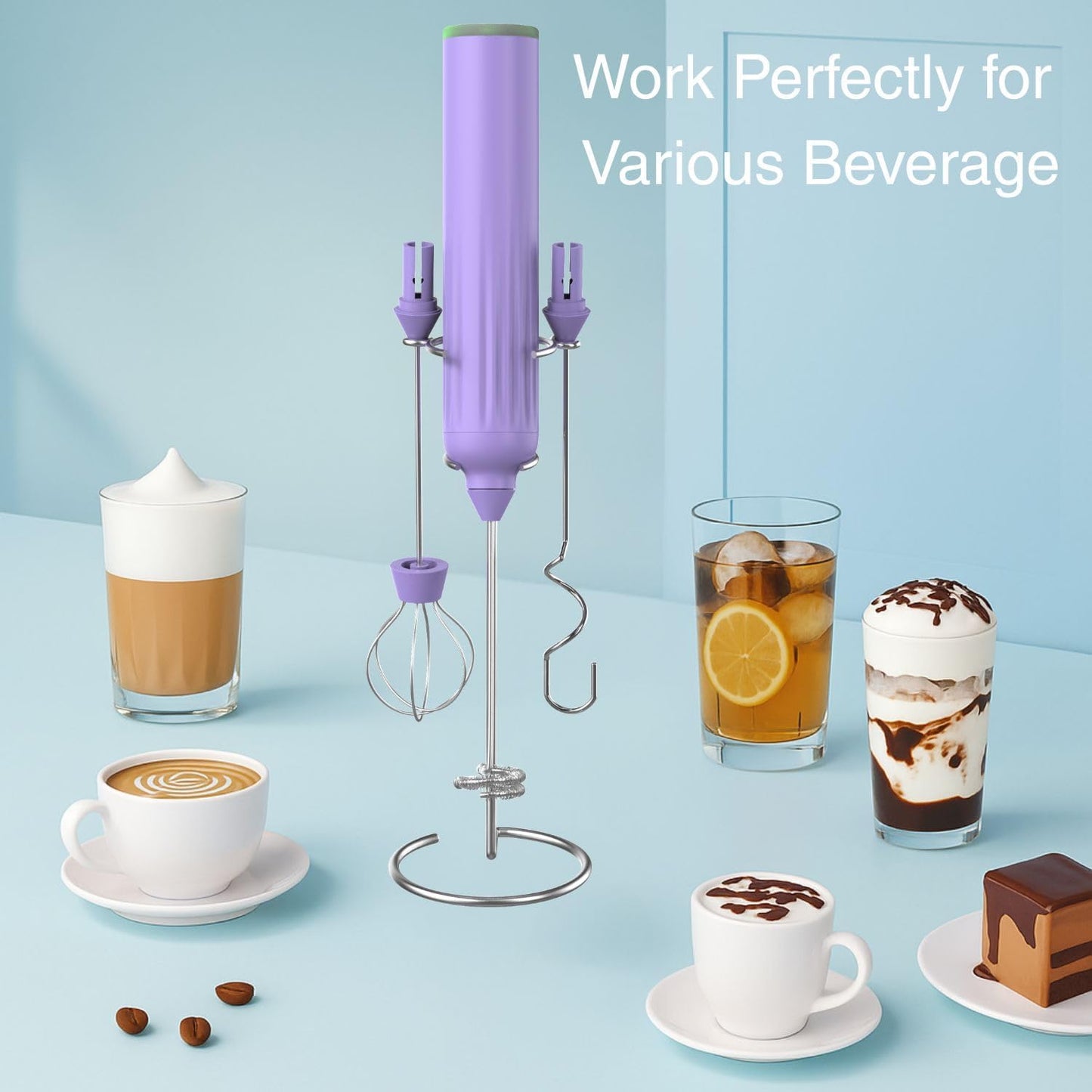 Milk Frother Handheld with 3 Stainless Steel Whisks, Rechargeable Electric Drink Mixer with Stand & Travel Case, Milk Foamer for Coffee, Latte, Cappuccino, Hot Chocolate, Egg,Jam Supplement-Purple