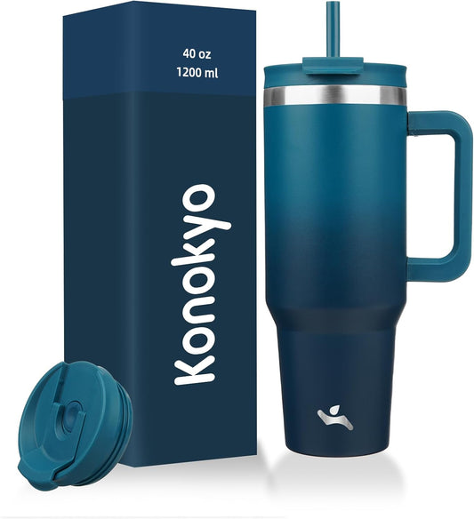 40 oz Tumbler with Handle and 2 Straws,2 in 1 Lid Insulated Water Bottle Stainless Steel Travel Coffee Mug,Indigo Black