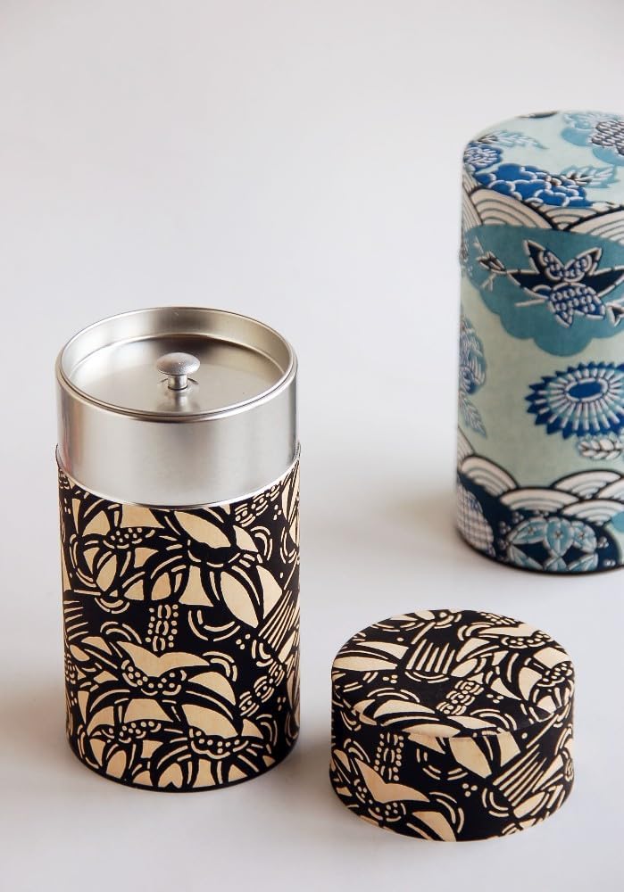 Japanese Pokkan Coffee Spice Tea Tin Canister Washi Paper Storage with Lid 7.05 oz Capacity (Touka)