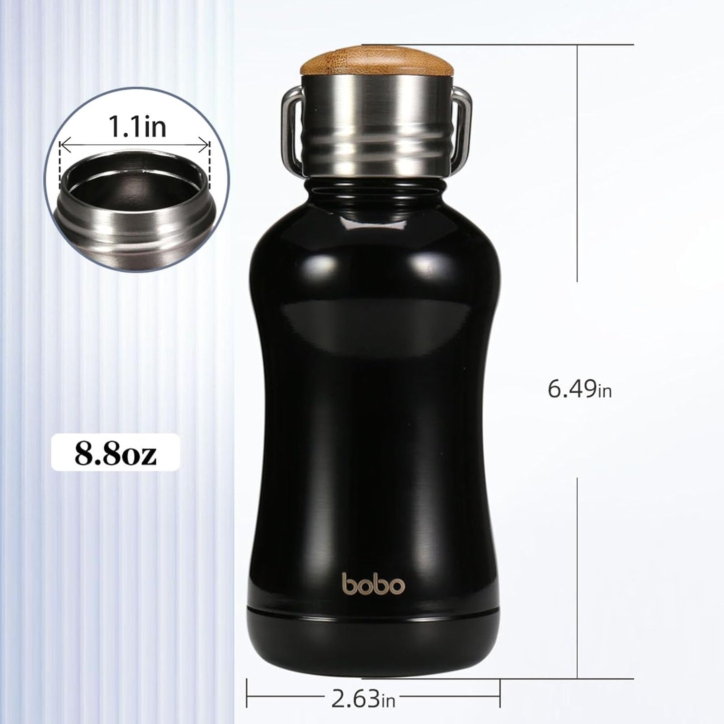 YOHKOH Mini Insulated Water Bottle With Bamboo Lid - 8.8oz Small Vacuum Insulated Water Bottle for Women Kids, 12 Hrs Hot & 24 Hrs Cold Stainless Steel Thermos Leak-Proof BPA-Free (8.8oz,Black)