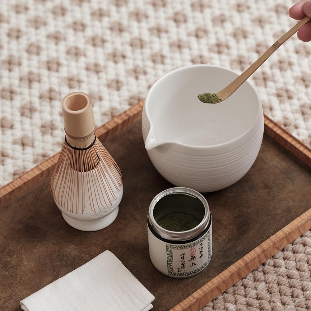 WENSHUO Matcha Whisk Set, Ceramic Matcha Bowl & Whisk Holder, Bamboo Accessory, Modern Design (Matte White, Pouring Spout)