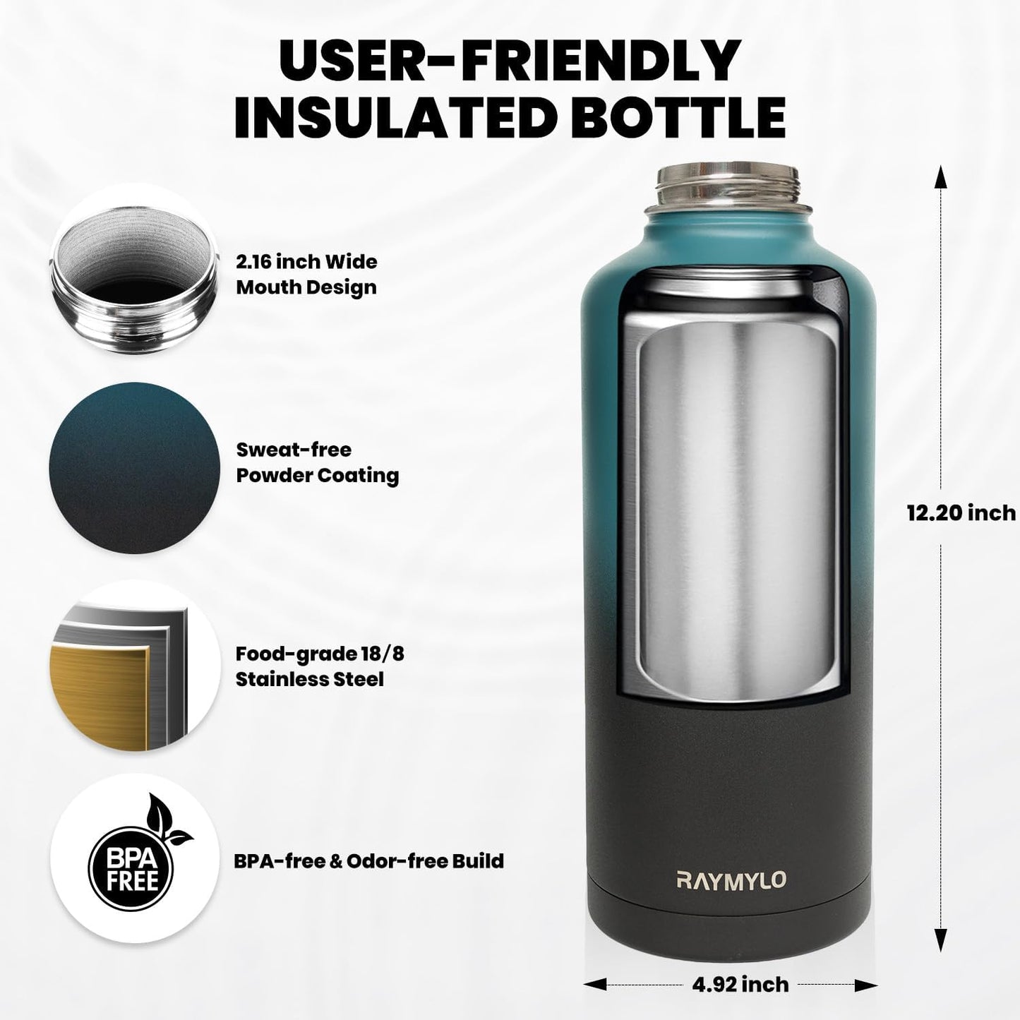 Insulated Water Bottle 87 oz, Triple Wall Vacuum Stainless Steel (Cold for 48 Hrs), Leak Proof & Non-BPA, Modern Water Flask Jug with Paracord Handle & Straw Spout Lids, Indigo/Black