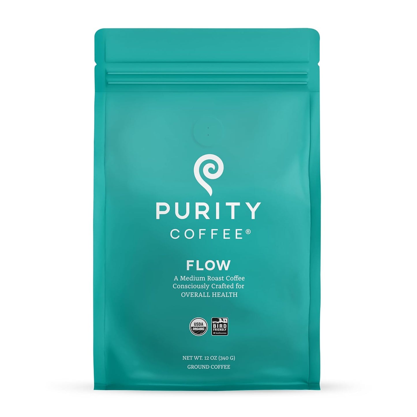 Purity Coffee FLOW Original Medium Roast Ground Coffee for Focus and Clean Energy - USDA Organic and Third-Party Tested for Antioxidants, Mold, Mycotoxins and Pesticides - 12oz (Purity Flow, medium_roast) | Ground| FLOW