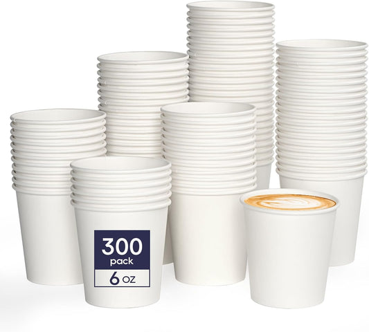LITOPAK 300 Count 6 oz Paper Cups, Disposable White Paper Coffee Cups, Hot Beverage Drinking Cup for Coffee, Water, Juice, and Espresso