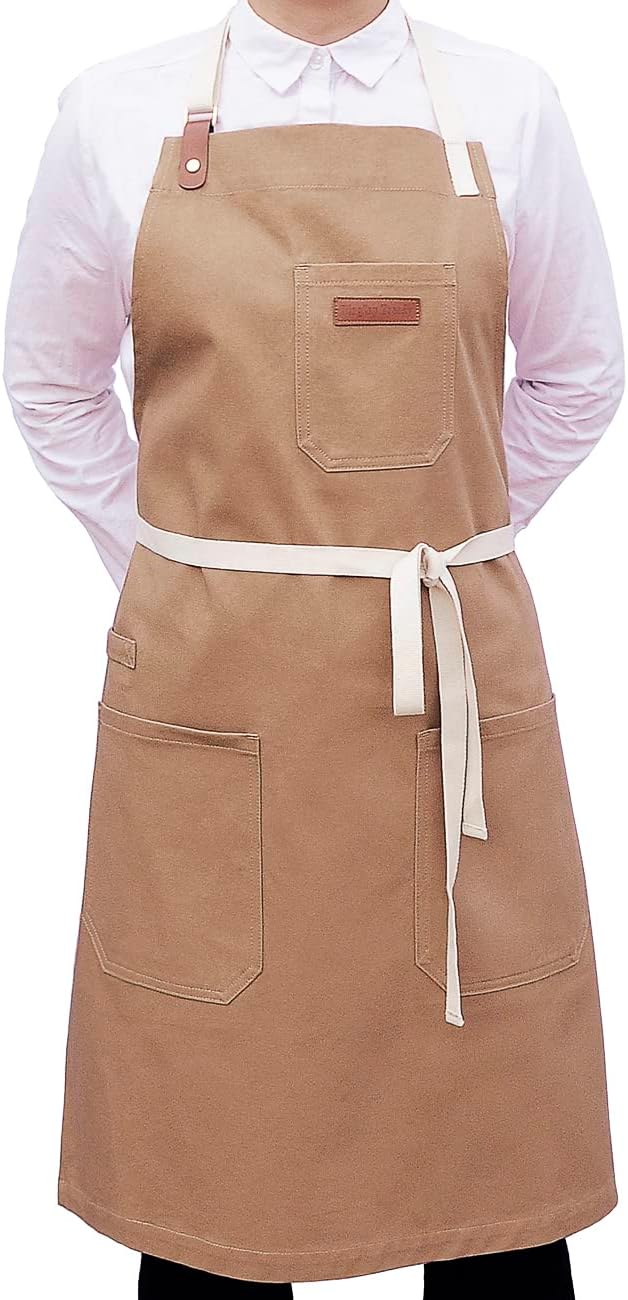 Kitchen Apron, Mens Womens Professional Chef Bib Apron for Cooking Grill BBQ, Cotton with Pockets Towel Loop and Adjustable Neck Straps