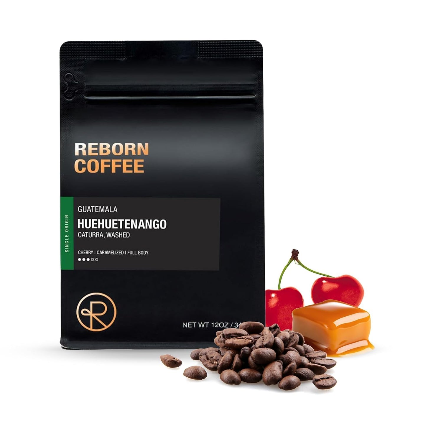 Reborn Coffee Specialty Whole Bean Coffee, Medium Roast, 12 Ounce, Guatemala Huehuetenango, Flavor Notes of Cherry, Caramelized, and Full Body