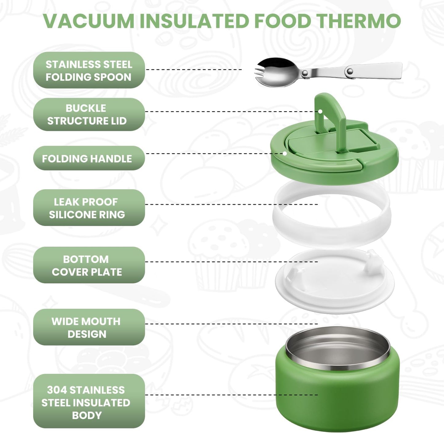 Soup Thermo for Hot Food Kids 13.5oz Lunch Containers with Buckle Lid Wide Mouth Hot Food Jar Vacuum Insulated Stainless Steel Bento Box Leakproof with Spoon(Green)