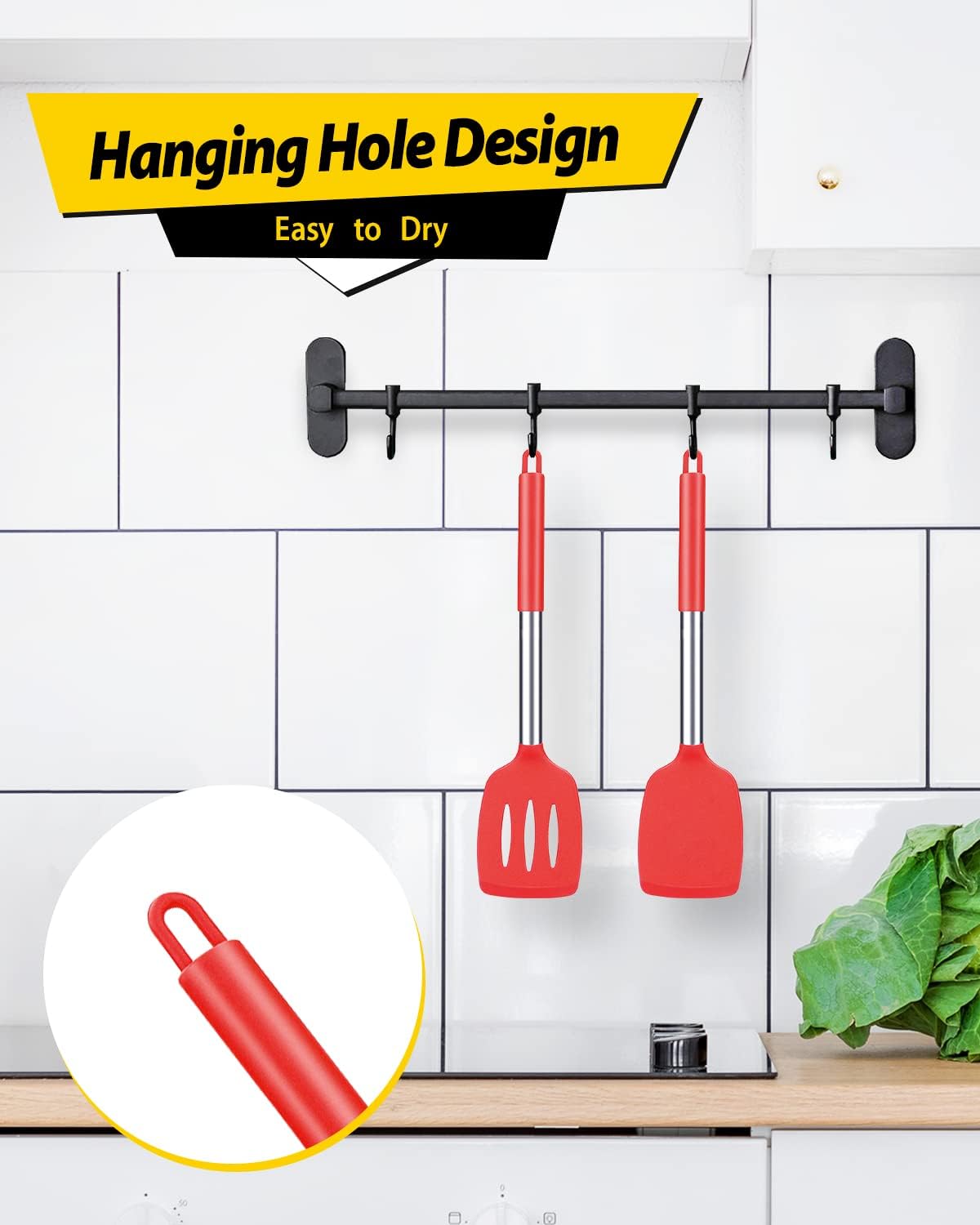 Pack of 2 Silicone Solid Turner, Non Stick Slotted Kitchen Spatulas, High Heat Resistant BPA Free Cooking Utensils, Ideal Cookware for Fish, Eggs, Pancakes(Red)