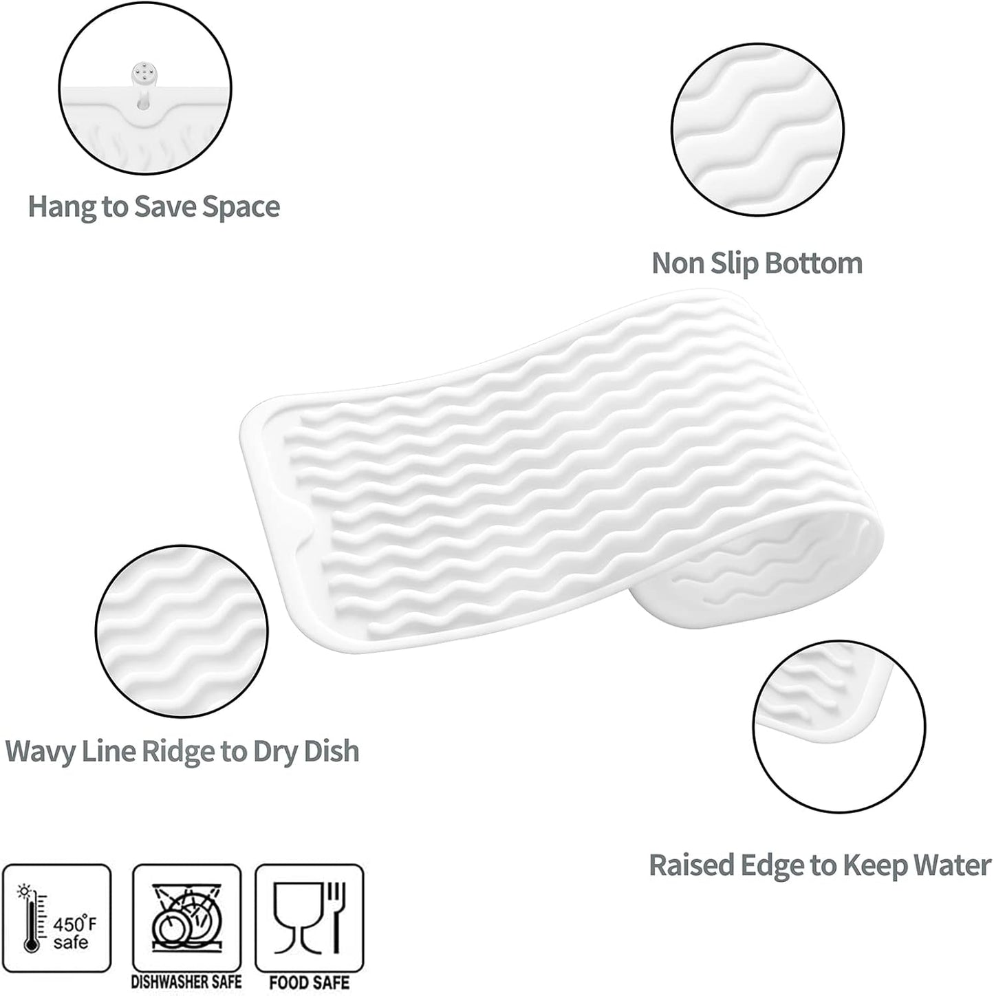 Silicone Dish Drying Mat for Multiple Usage,Easy clean,Eco-friendly,Heat-resistant Silicone Mat for Kitchen Counter,Sink,Bar,Bottle,or Cup White M 17 inches x 6 inches