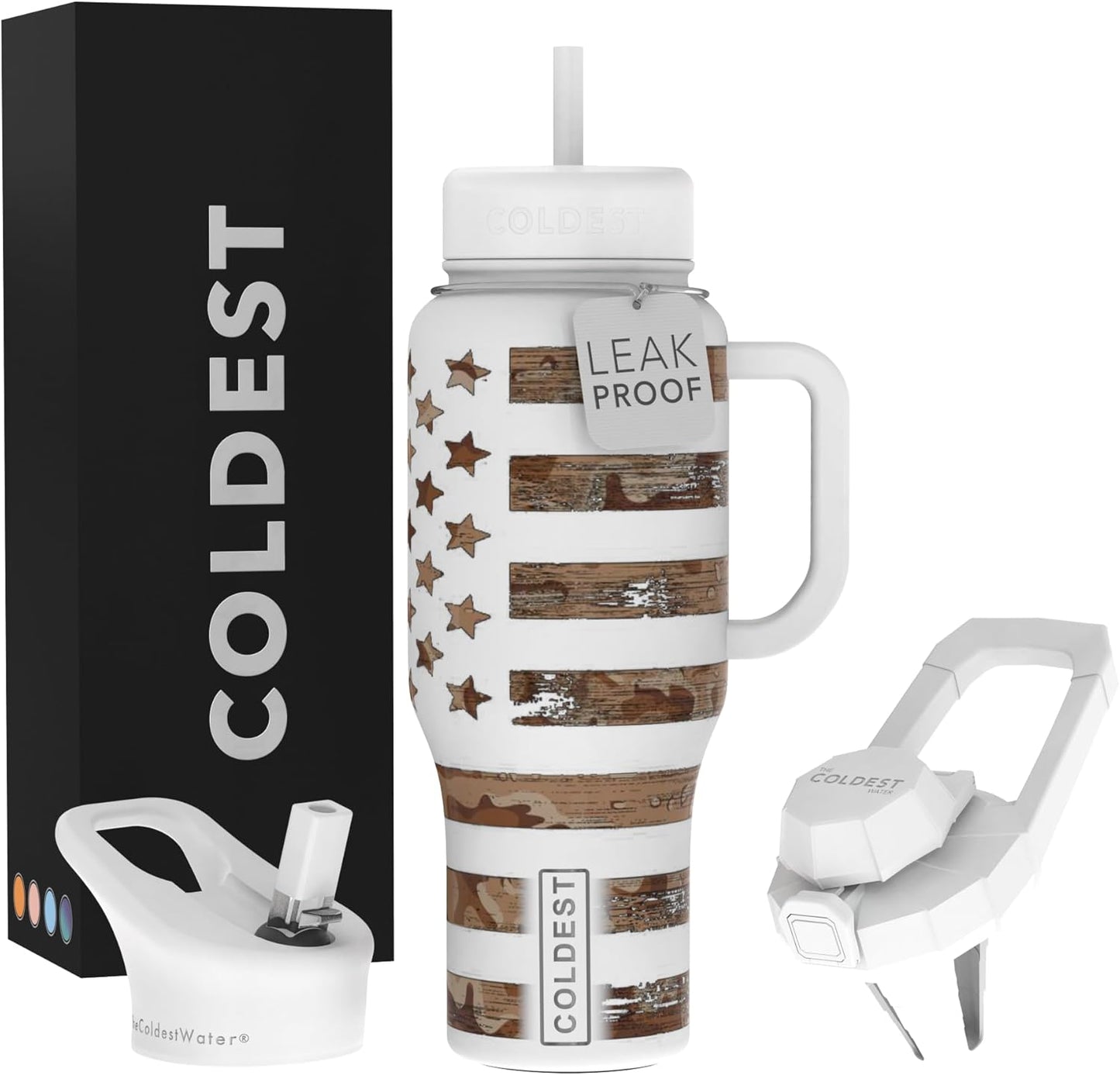 Coldest 40 oz Tumbler with Handle and Straw - 100% Leak Proof Insulated Tumbler with Lid and Straw (3 Lids) - Stainless Steel Tumblers for Women & Men - Cup Holder Friendly Base, 36 oz (The Patriot)