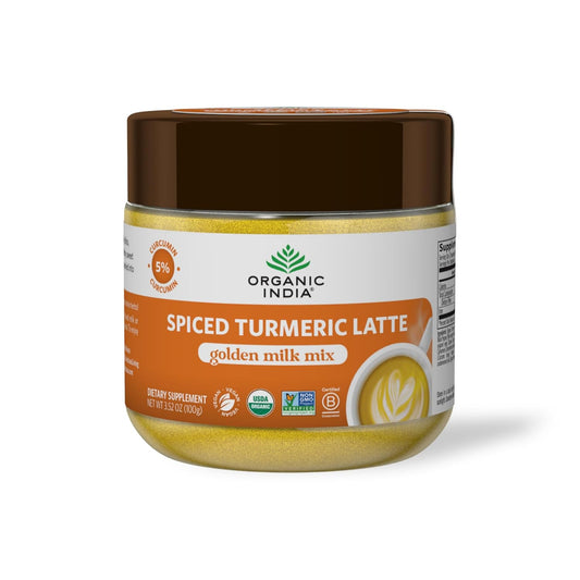 Organic India Spiced Turmeric Latte Powder - Golden Milk Mix, Authentic Blend, Gold Tea Drink, With Ginger and Cinnamon, Vegan, Ayurvedic Herbs, Caffeine Free, Zero Added Sugar - 3.52 Oz