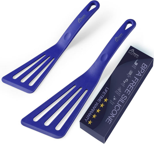 HOTEC 600℉ Heat Resistant Silicone Slotted Fish Turner Spatula Set, BPA Free Kitchen Cooking Spatulas, for Non Stick Cookware Dishwasher Safe Classic Blue, set of 2