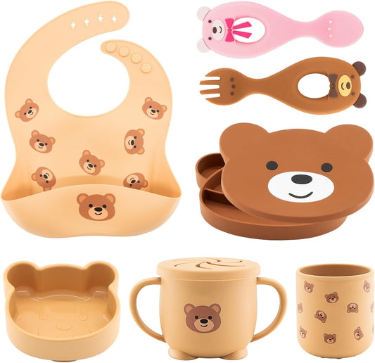 Silicone Baby Feeding Set 7 Pcs, Baby Led Weaning Supplies, Baby Feeding EatincSupplies Set BPA Free, Baby Essentialsfor Newborn Gift Bear