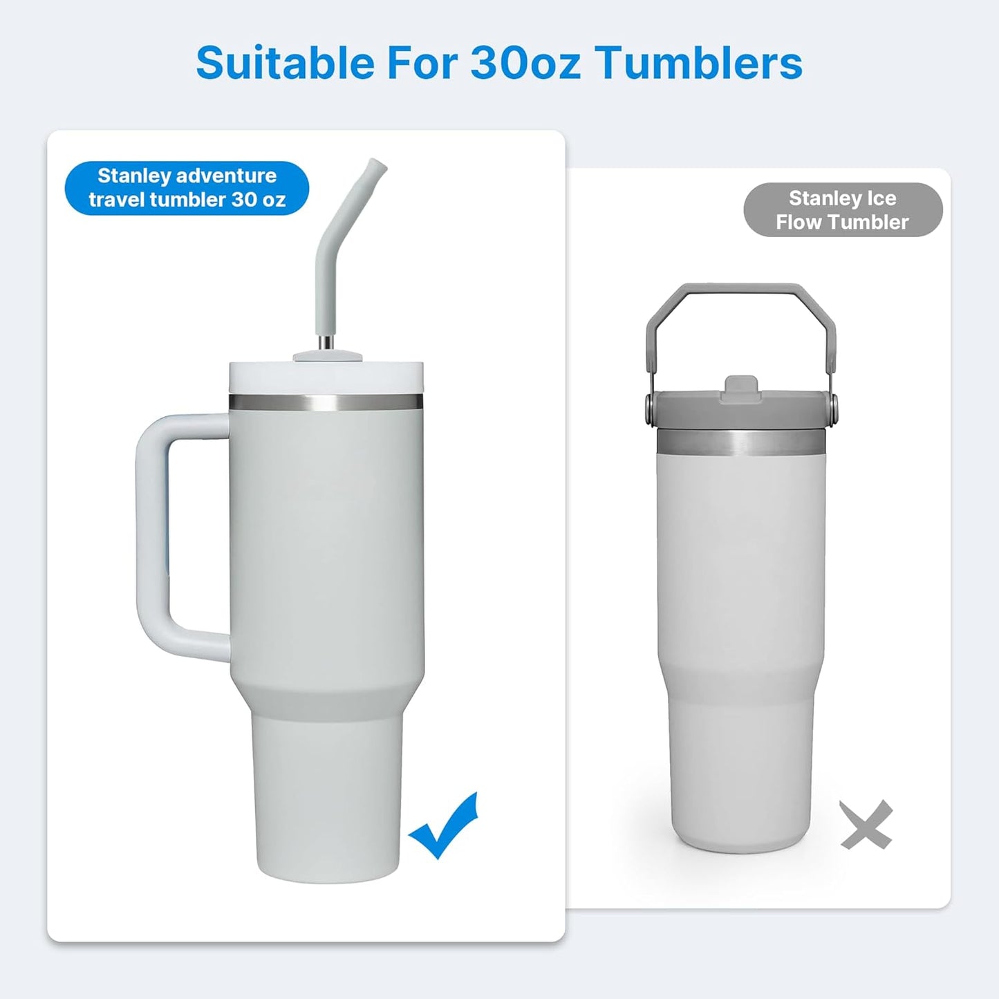 Metal Straw with Silicone Tip for 30oz Stanley Cup, 2 Pcs Stainless Steel Straws Replacement for Stanley 30 oz Adventure Quencher Travel Tumbler Cup, 1 Straw Brush (Light Gray)