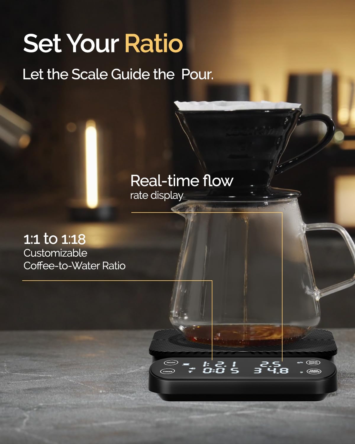 Maestri House S3 Coffee Scale with Timer, 3kg/0.1g Rechargeable Digital Scale, 3 Brew Modes, Adjustable Ratios & Flow Rate Display, Barista-Grade for Pour-Over, Espresso, French Press – Black