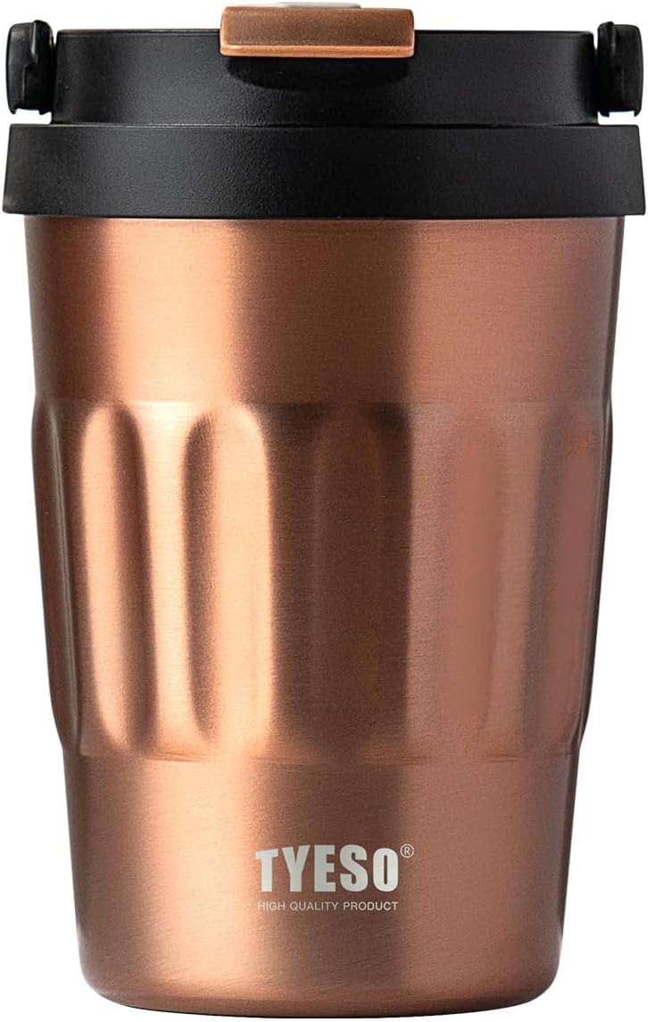 TYESO Stainless Steel Portable Tumbler with Flip Lid,Travel Mug with Concealed Carry Handle, Leakproof Insulated Coffee Cup (ROSE GOLD, 13 OZ)