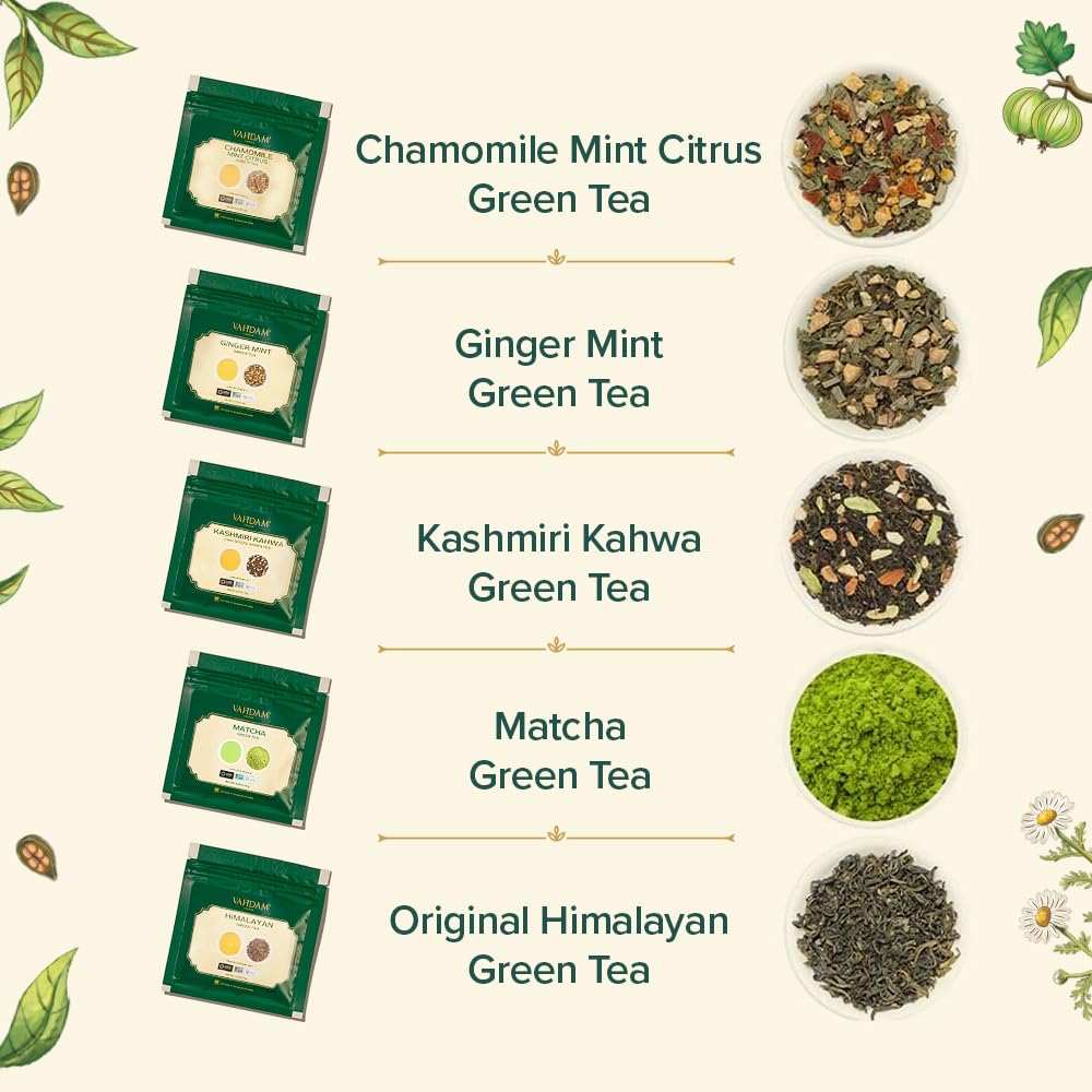 VAHDAM, Assorted Green Tea Loose Leaf Tea Gift Set (10 Flavors) Gift Ideas for Women & Men | Exotic Himalayan Green Tea Blends | Resealable Ziplock Pouch | Gifts for Him/Her