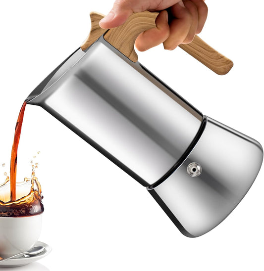 No Coating 6 Cup Moka Pot Thickened 304 Stainless Steel Stovetop Espresso Coffee Maker 300ml 10.1oz Mocha Percolator Greca Cuban Ideal for Making Rich Authentic Italian Café