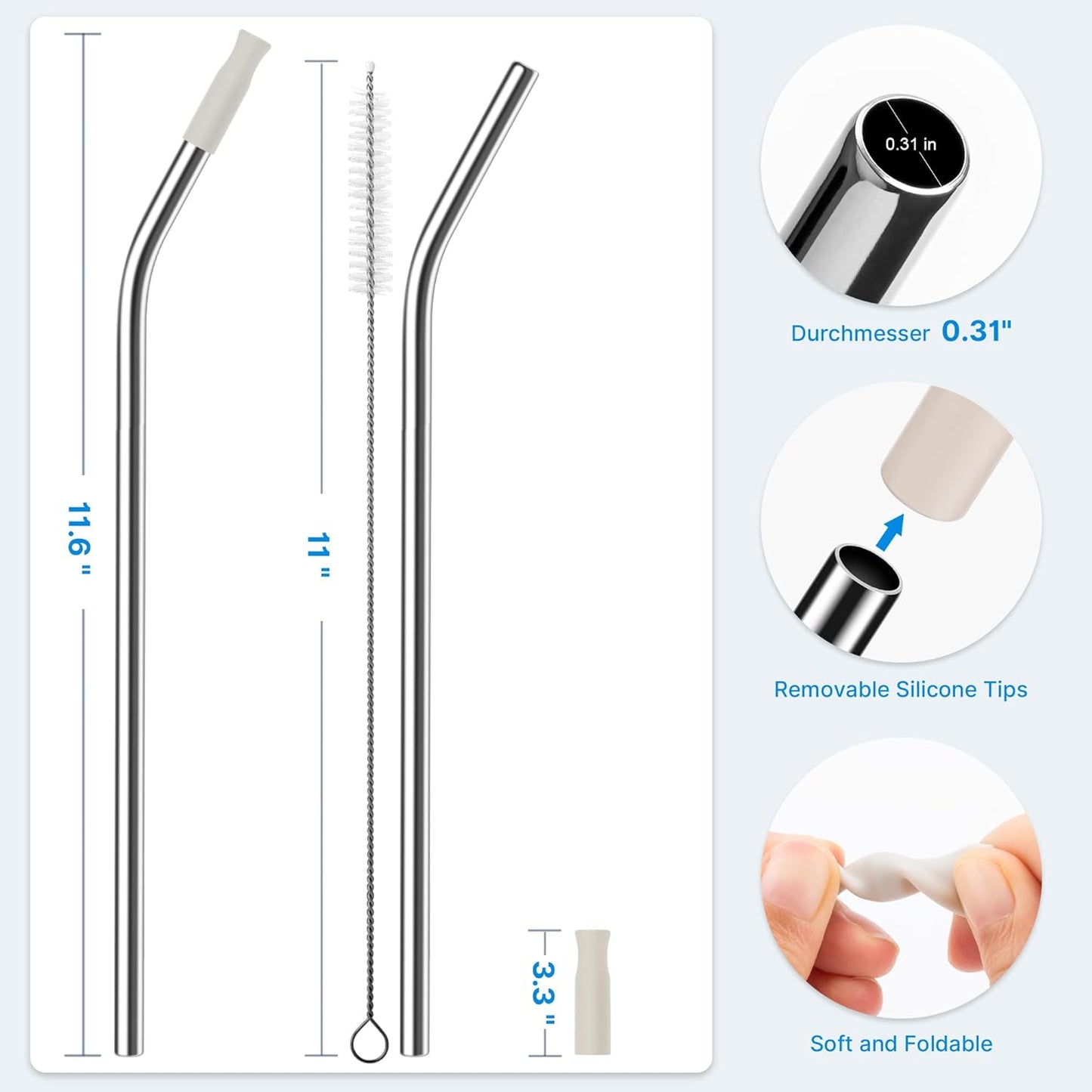 Repeatable Metal Straw with Silicone Tips for 30 oz Stanley Tumbler, 2 Pcs 30 oz Stainless Steel Straws Replacement for Stanley Tumbler, 1 Straw Brush, BPA Free（Cream Grey）