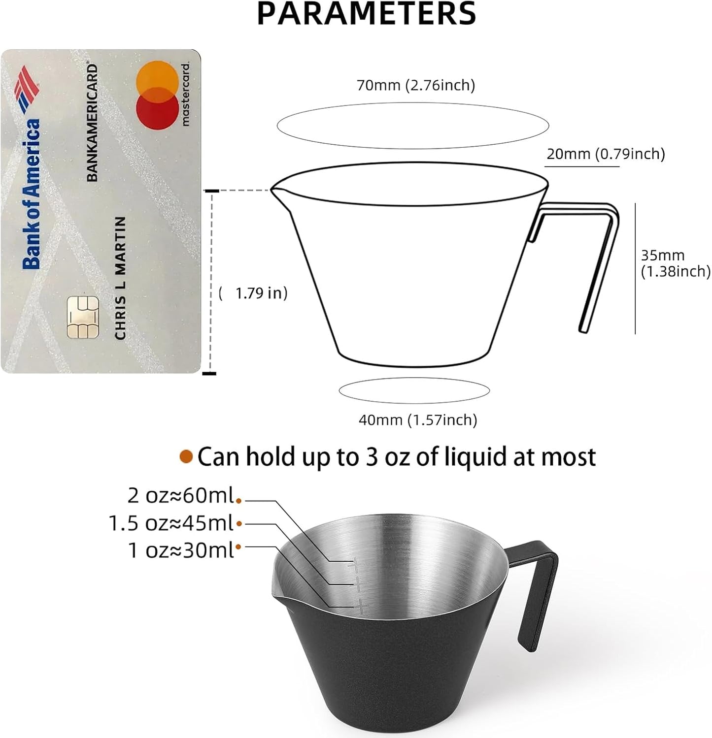 MHW-3BOMBER Espresso Measuring Cup 2oz Espresso Shot Cup Stainless Steel Sauce Cups with Handle for Tomato Sauce|Steak Sauce|Desserts|Beverages (Matte Black) G5141B