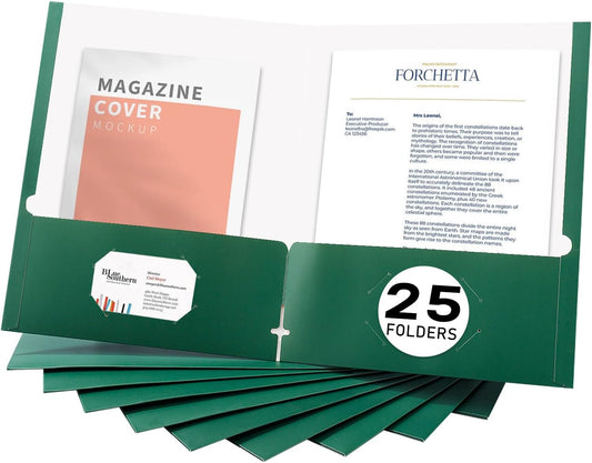 Zzrywuty File Folders with Pockets Letter Size, 25-Pack Paper Folders with Card Slot, Two Pocket Folders for School Students, Businessmen, Home and Office Workers（Dark Green）