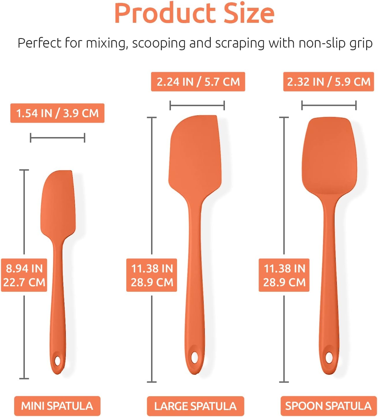 U-Taste Silicone Spatula Set: 600ºF High Heat Resistant, Seamless Food Grade Flexible Rubber Kitchen Cooking Mixing Baking Scraper for Nonstick Cookware Set of 3 (Orange)