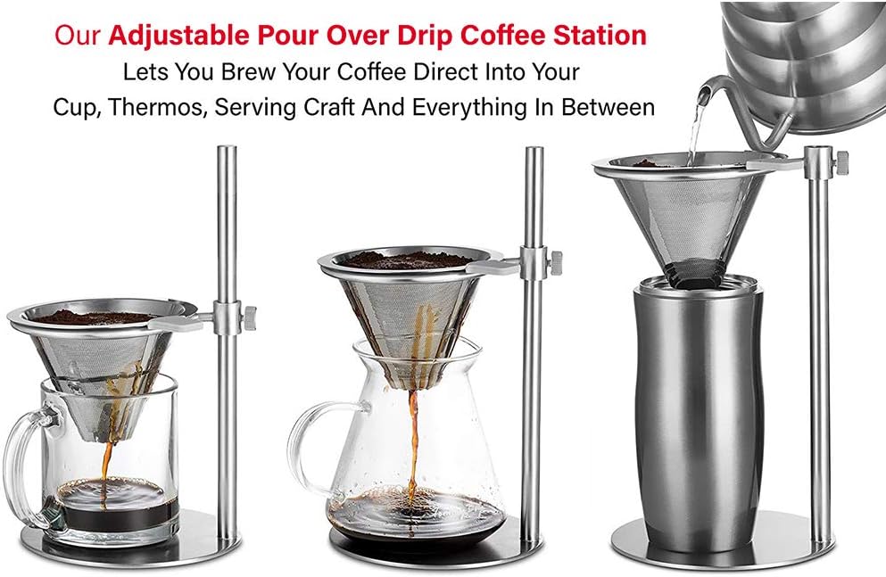Stainless Steel Adjustable Pour Over Coffee Maker, Adjustable Stand, Double Layer Filter, Freestanding Drip Cone Brewer and Stand, Make Coffee Directly into Mug, Cup or