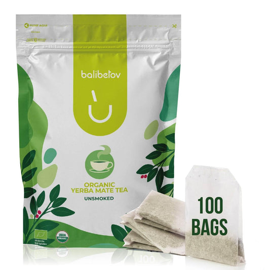 100 Unsmoked Organic Yerba Mate Tea Bags, Organic Yerba Mate Tea, Alternative to Tea, Coffee and Energy Drinks (100 Tea Bags (1 Pack))