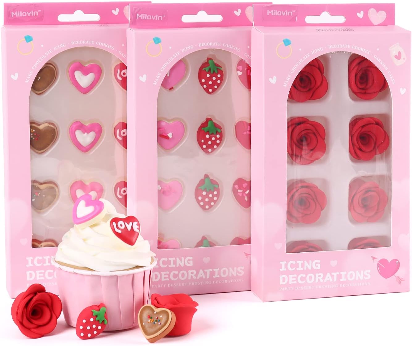 Edible Valentine Icing Decoration, Red Rose Icing Decoration, Royal Icing Heart Sprinkle, Strawberries Sugars Sprinkles for Cupcake Topper, Cake, Ice Cream, Macaron, Cookies and Chocolate.
