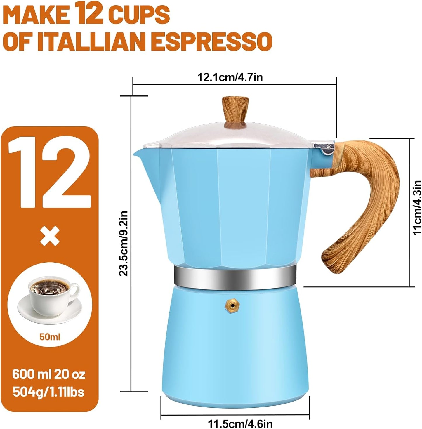 12 Cup Aluminum Espresso Stovetop Moka Pot Express Coffee Maker Percolator Italian Classic Mocha Coffee Machine for Italian and Cuban Cafe Brewing for Home & Camping 600ml 20oz