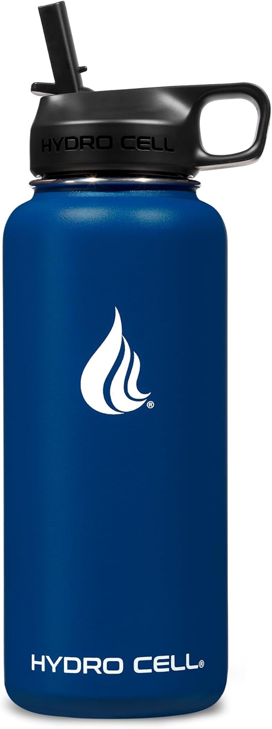 HYDRO CELL Stainless Steel Insulated Water Bottle with Straw - For Cold & Hot Drinks - Metal Vacuum Flask with Screw Cap and Modern Leakproof Sport Thermos for Adults (Navy 32oz)
