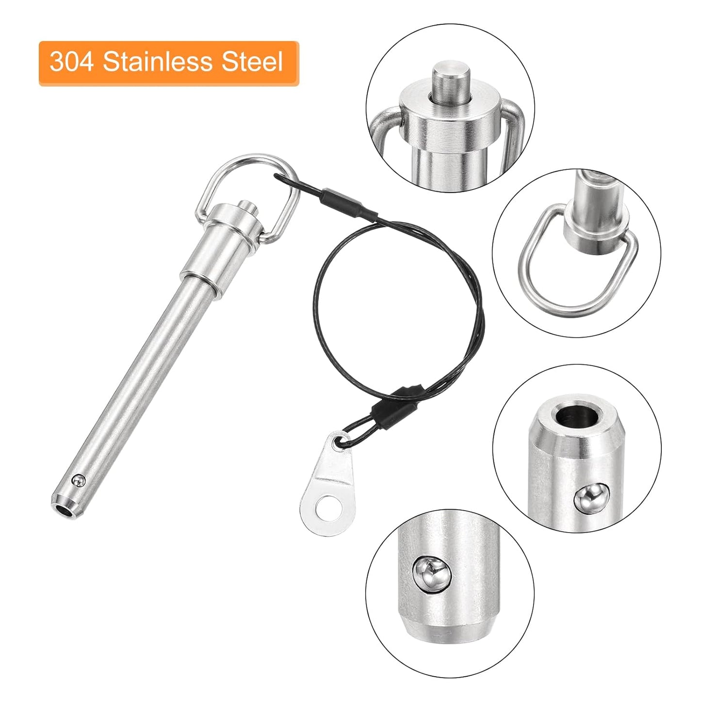 uxcell 1 Pcs Quick Release Pin, 3/8" x 2.52"(Dia. x L) Push-Button Ball Locking Pin 304 Stainless Steel Ring Handle Locking Pin with Wire for Audio Bimini Top Marine, Silver