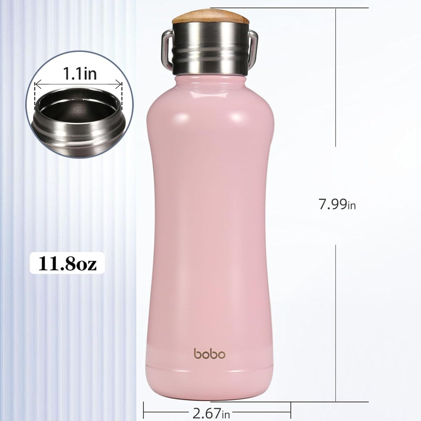 YOHKOH Mini Insulated Water Bottle With Bamboo Lid - 11.8oz Small Vacuum Insulated Water Bottle for Women Kids, 12 Hrs Hot & 24 Hrs Cold Stainless Steel Thermos Leak-Proof BPA-Free (11.8oz,Pink)