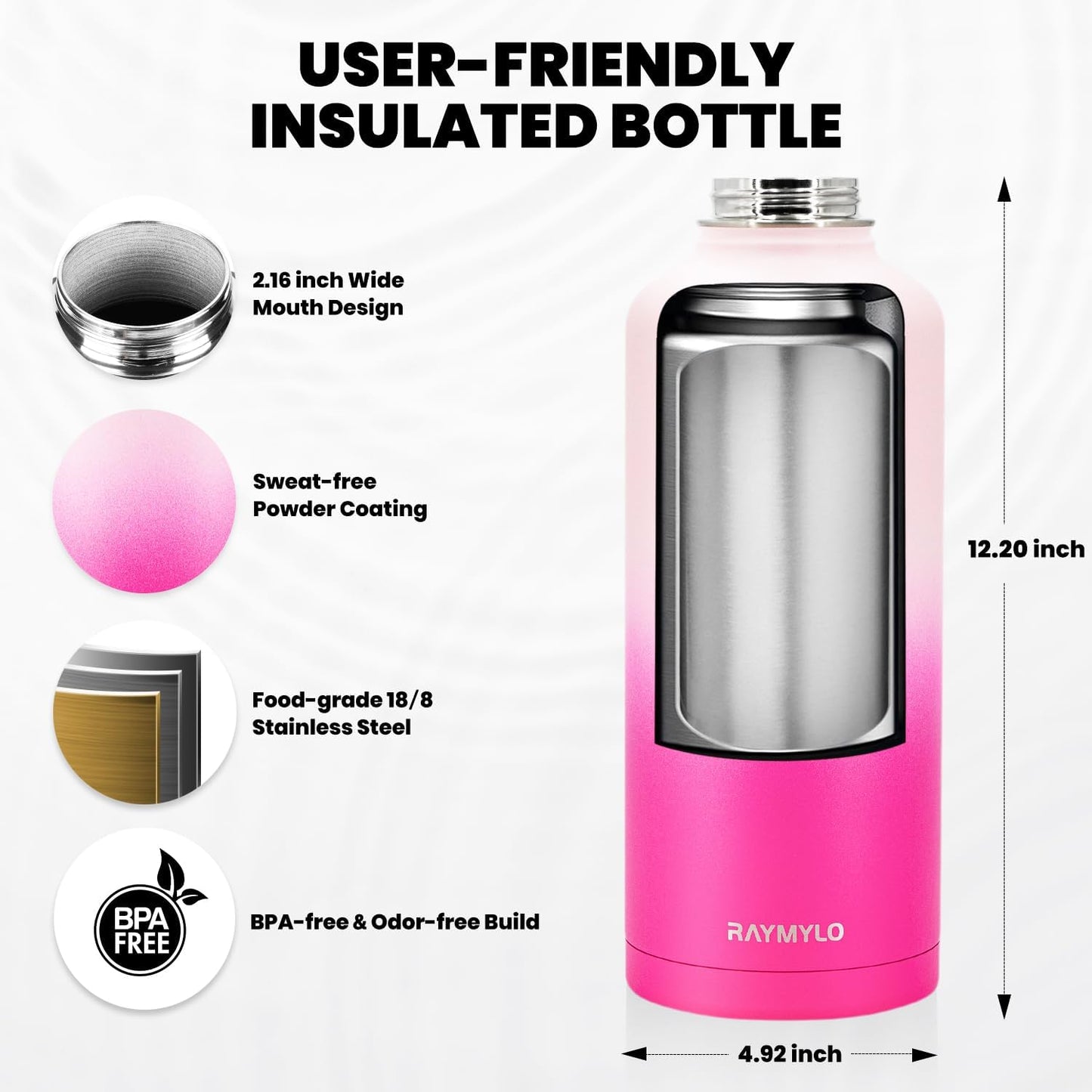 Insulated Water Bottle 87 oz, Triple Wall Vacuum Stainless Steel (Cold for 48 Hrs), Leak Proof & Non-BPA, Modern Water Flask Jug with Paracord Handle & Straw Spout Lids, Ombre Pink