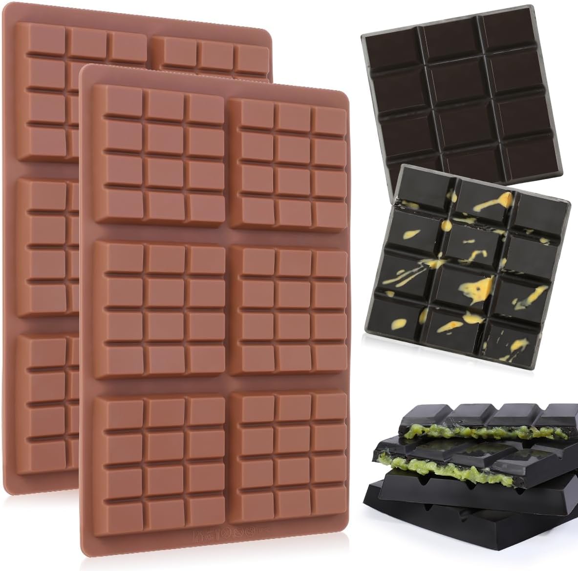 Chocolate Bar Molds Deep Silicone Break-Apart Chocolate Nonstick Protein and Energy Bar Mold Square Thick Candy Mold Wax Melt 2 Pack
