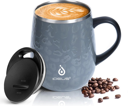 Ideus 16 oz Insulated Coffee Mug with Handle and Lid, Double Wall Stainless Steel Vacuum Thermal Coffee Mug, Travel Coffee Cup Thermal Cup for Home and Office, Leopard Gray