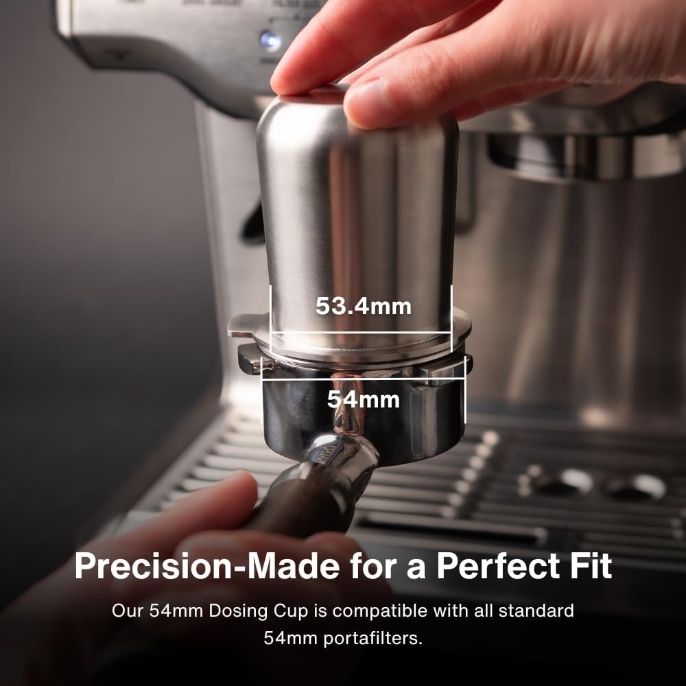 Crema Coffee Products 54mm Dosing Cup | Compatible with Breville Portafilters etc | Durable 100% Stainless Steel | Built-In Grinder Tab for Easy Transfer | Sleek, Mess-Free Design | White Finish