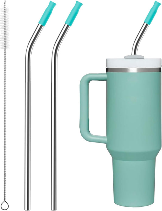 2 Pcs Stainless Steel Straw with Silicone Tips for 30 oz Stanley Tumbler, Repeatable 30 oz Metal Straws for Stanley Adventure Quencher Travel Tumbler Cup, BPA Free（Light Green）