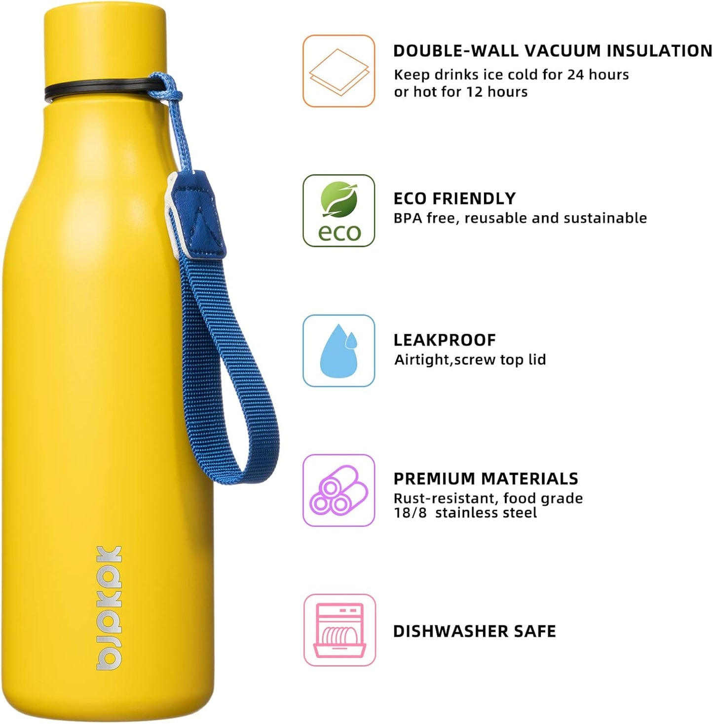 BJPKPK Insulated Water Bottles, 18 oz Stainless Steel Metal Water Bottle with Strap, BPA Free Leak Proof Thermos, Mugs, Flasks, Reusable Water Bottle for Sports & Travel, Yellow