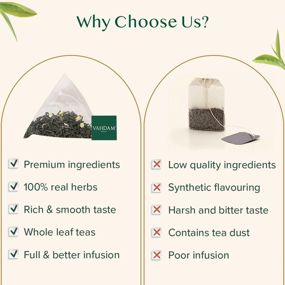 VAHDAM, Jasmine Green Tea Bags (100 Count) Med Caffeine, Non GMO | High Grown Green Tea Blended w/Pure Jasmine Flowers | Resealable Ziplock Pouch