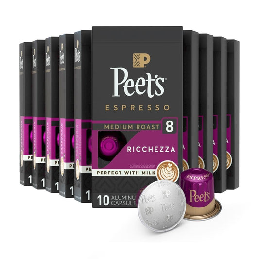 Peet's Coffee, Medium Roast Espresso Capsules, Compatible with Nespresso Original Machine - Ricchezza Intensity 8, 100 Count (10 Boxes of 10 Espresso Capsules)