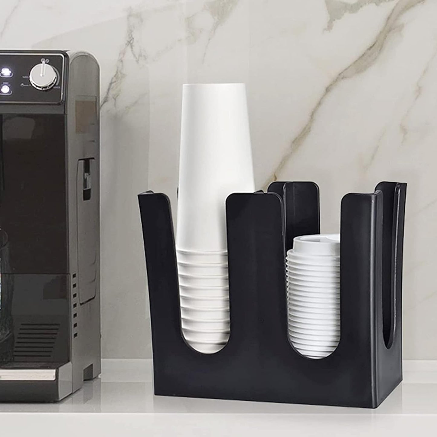 MYITYARD Coffee Cup Dispenser, 2 Compartment Cup and Lid Organizer fits 5 to 16 oz Disposable Paper & Plastic Cups, Acrylic Cup Holder for Table Countertop, Black