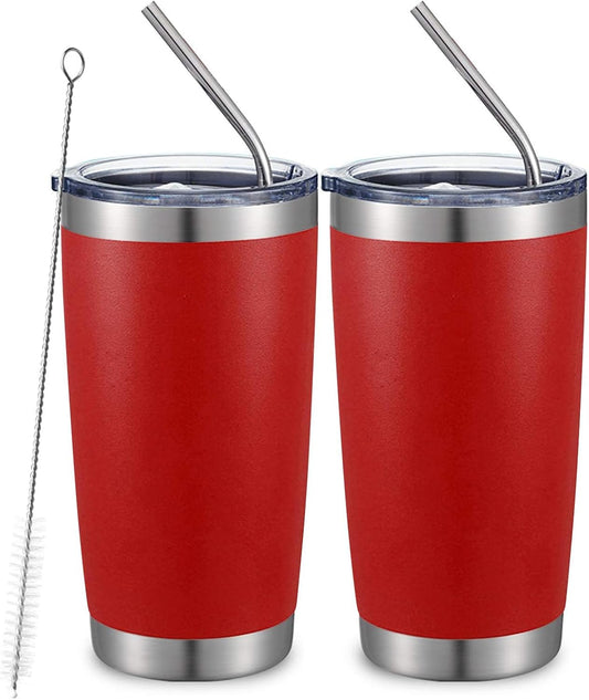 COMOOO 20oz Double Wall Vacuum Insulated Travel Mug, Stainless Steel Tumbler with Lid and Straw Durable Powder Coated Insulated Coffee Cup for Cold & Hot Drinks (Red, 2 pack