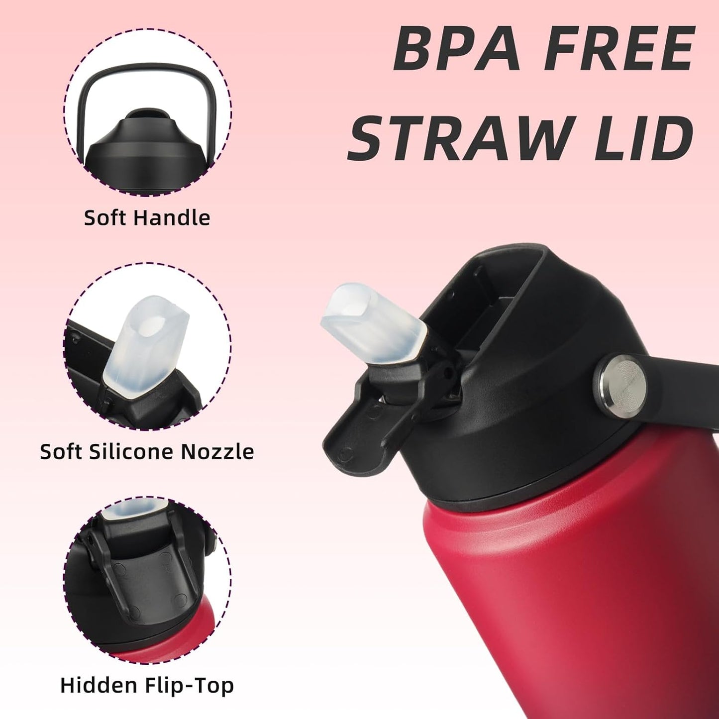 BJPKPK Water Bottle with Straw Lid, 24oz Vacuum Insulated Water Bottles, Metal Stainless Steel Thermos for Sports, Travel, BPA Free Leak Proof Thermos, Cups, Flasks, Tumblers,Charming Red