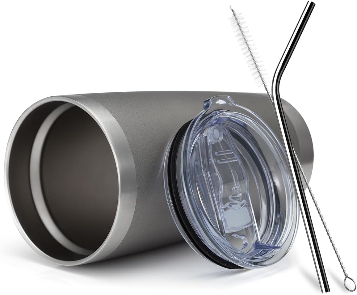 COMOOO 20oz Double Wall Vacuum Insulated Travel Mug, Stainless Steel Tumbler with Lid and Straw Durable Powder Coated Insulated Coffee Cup for Cold & Hot Drinks (Grey. 2 pack