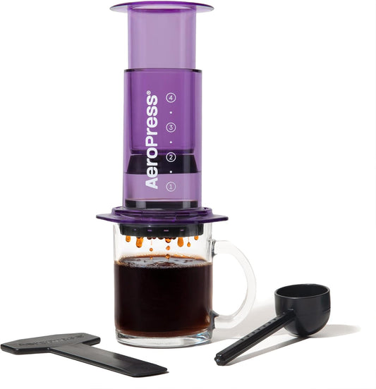 AeroPress Clear Purple Coffee Press – 3 In 1 Brew Method Combines French Press, Espresso, Full Bodied Coffee Without Grit or Bitterness, Small Portable Coffee Maker for Camping & Travel, Purple
