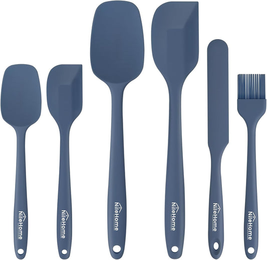 NileHome Silicone Spatula Set, 6 Packs Food Grade Kitchen Utensils with Silicone Brush Heat Resistant Dishwasher Safe BPA-Free Rubber Spatula for Scraping, Baking, Cooking, Mixing, Haze Blue