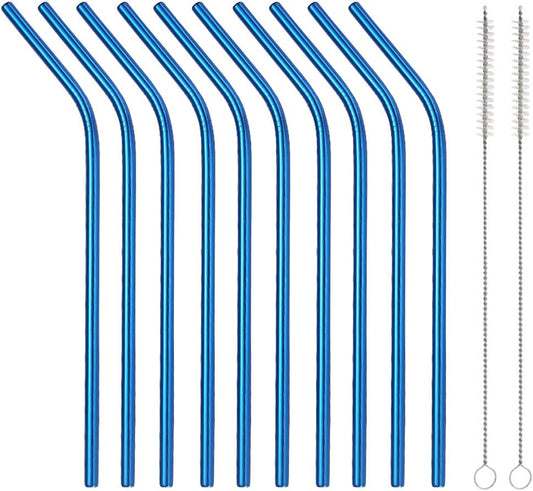 10 Pcs Stainless Steel Straws, Reusable Drinking Straws, Bent Metal Straw Sets with 2 Pcs Cleaning Brushes (Blue, 8.5 Inch)