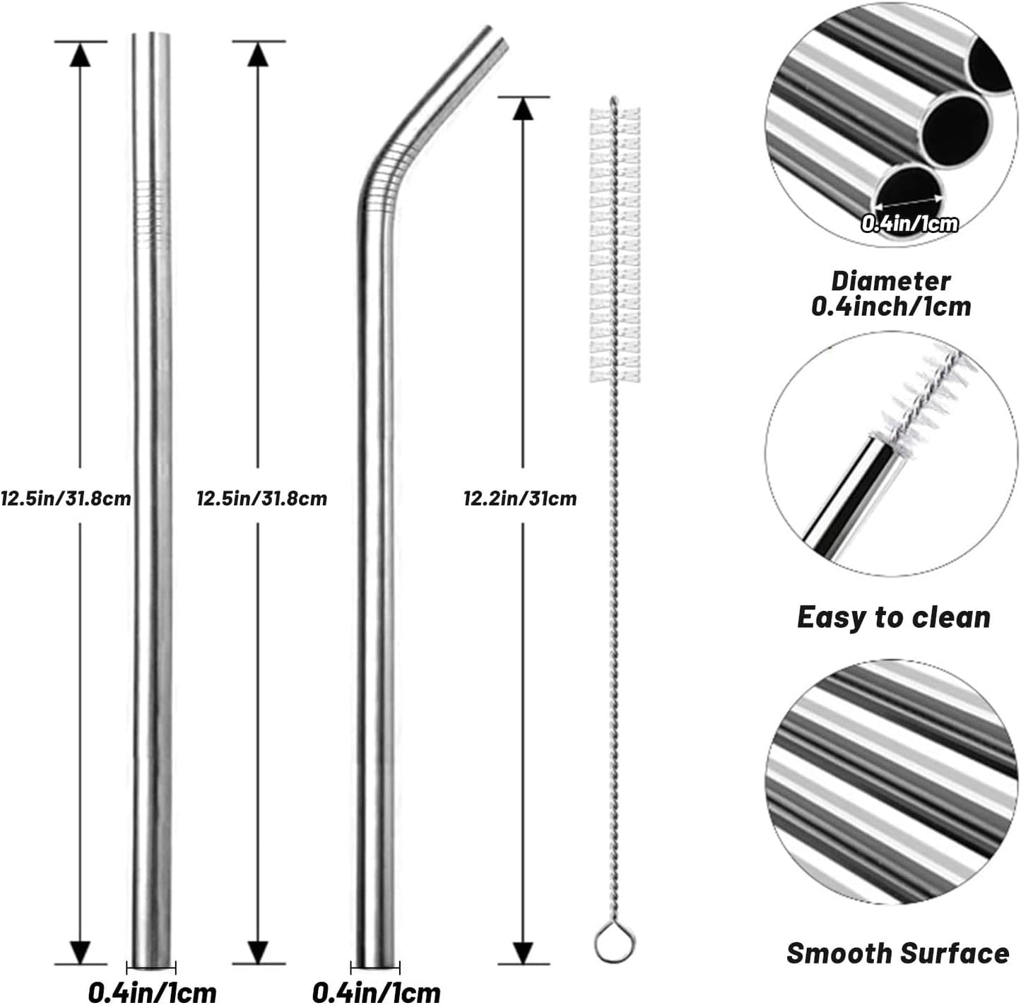 VEHHE Stainless Steel Stanley Straws, 4 Pack 12.5-inchs Long Reusable Stanley Cup Straw with Cleaning Brush (Silver)