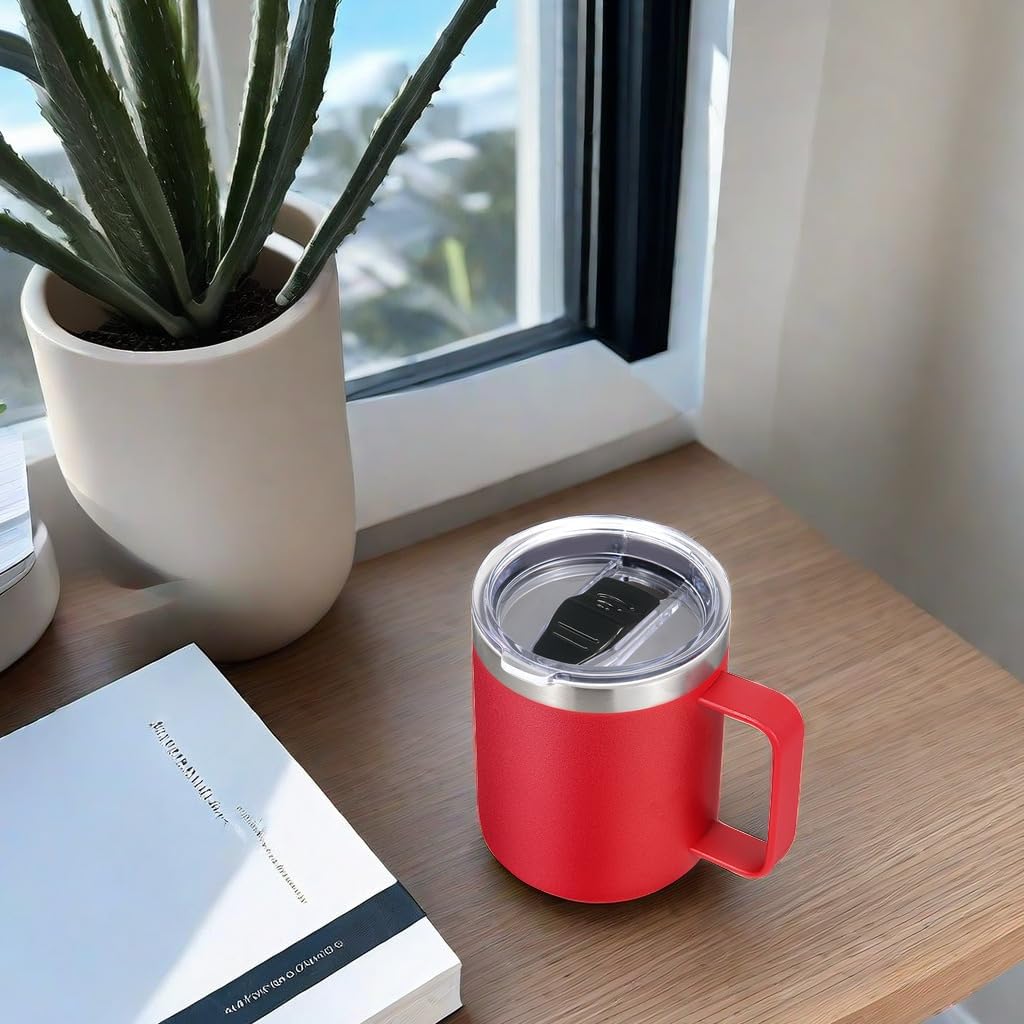 Volhoply 14oz Insulated Stainless Steel Coffee Mug with Leakproof Lid,Double Wall Vacuum Travel Coffee Cup with Handle,Reusable Metal Cups Tumbler,Camping Mugs Keep Hot&Cold,Ideal Gifts(Red,1)
